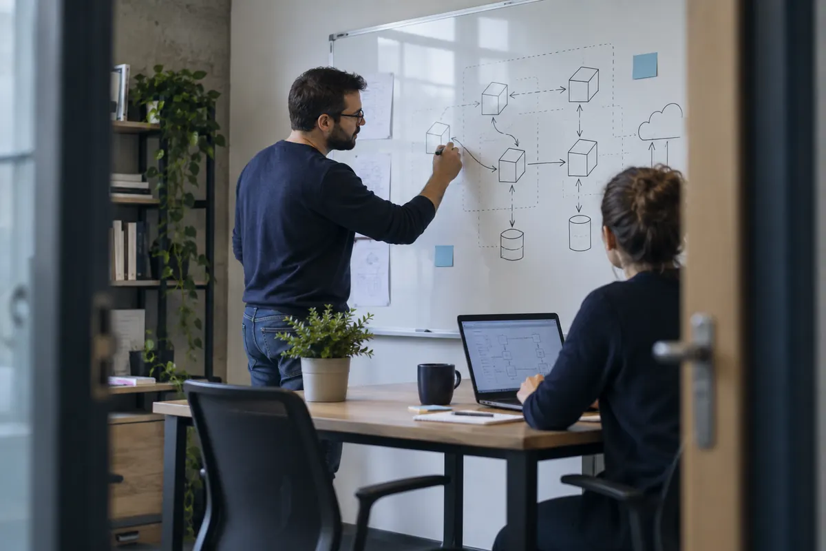 Modélisation d’échanges entre microservices avec un schéma d’architecture et un ordinateur