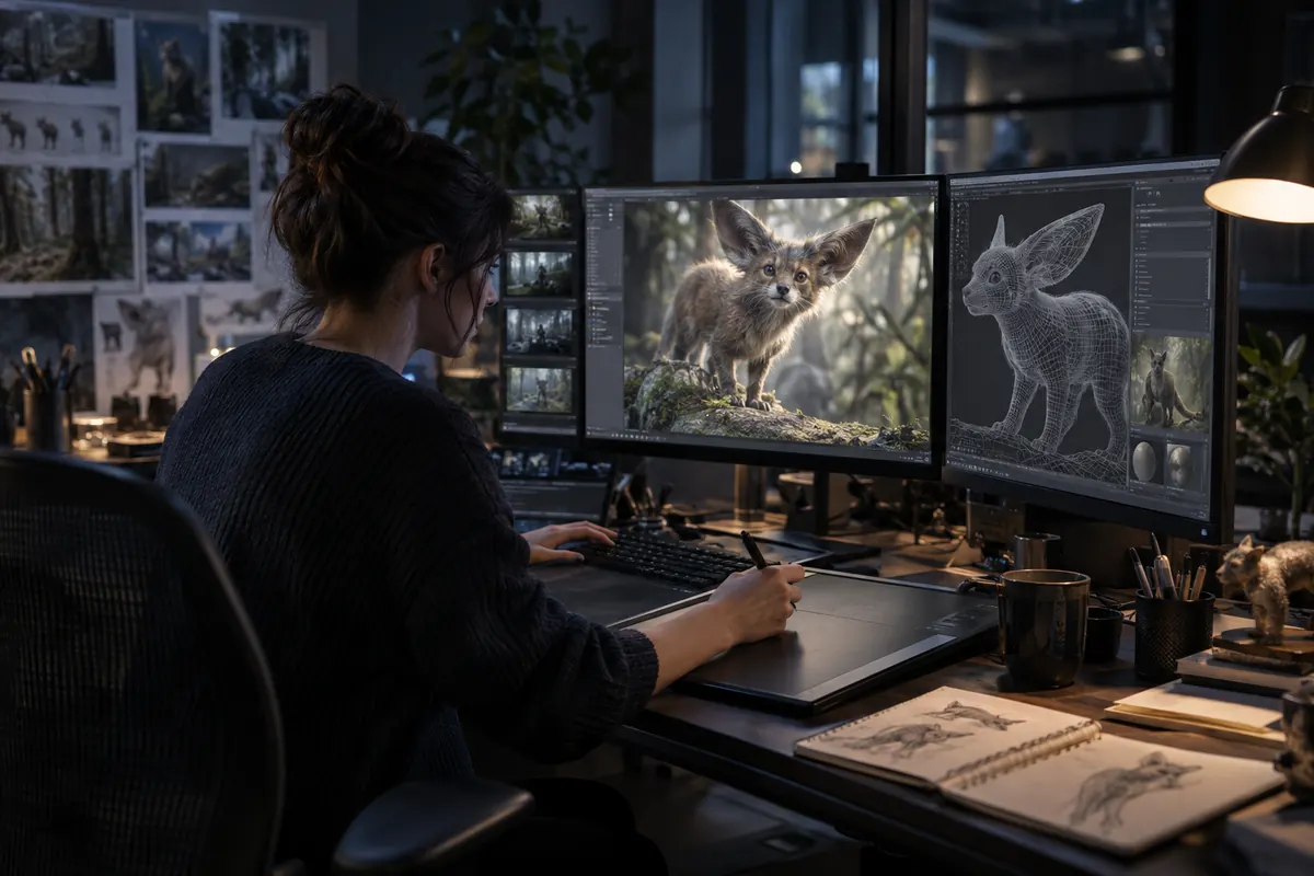 Visual effects artist refining a CGI creature in a digital production studio