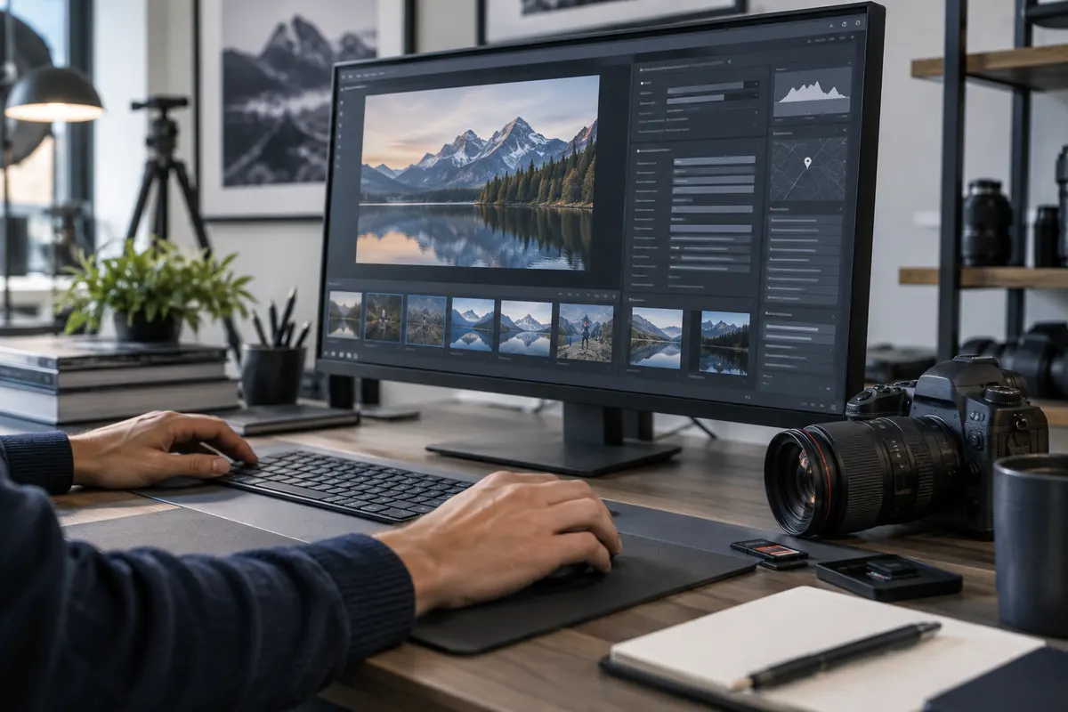 Editor checking a photograph and its descriptive image metadata