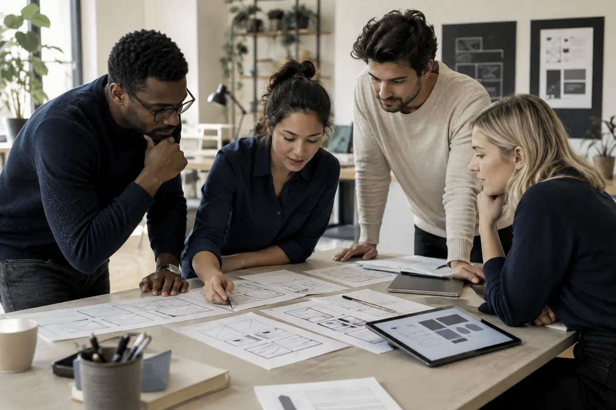Digital design team reviewing wireframes and an interface prototype