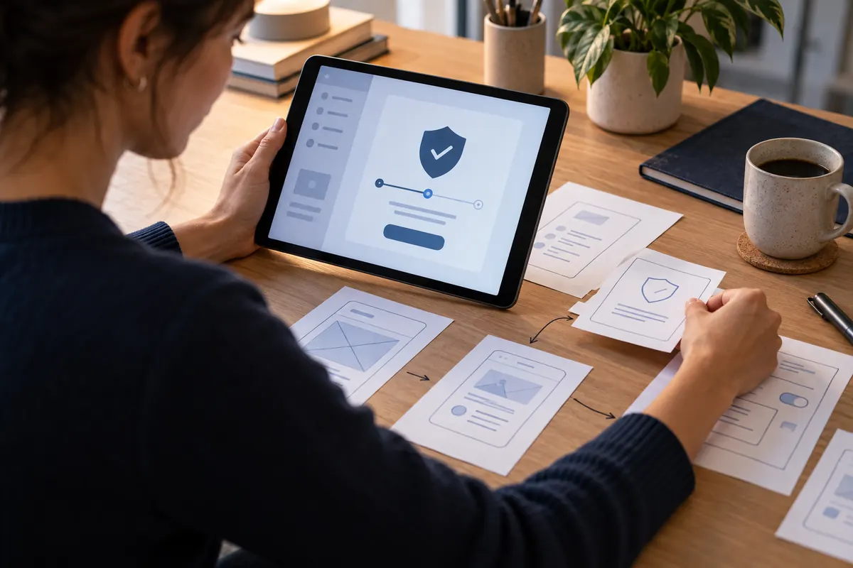 UX designer testing a security confirmation flow on a tablet