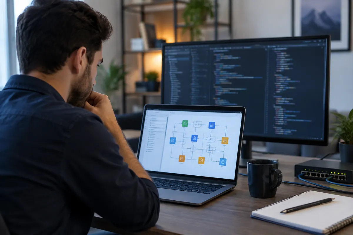 Developer reviewing cloud API integrations and infrastructure connections
