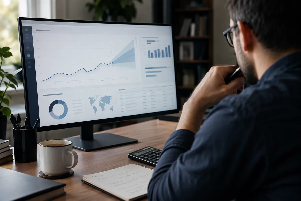 Analyst comparing historical traffic trends with a forecast uncertainty range