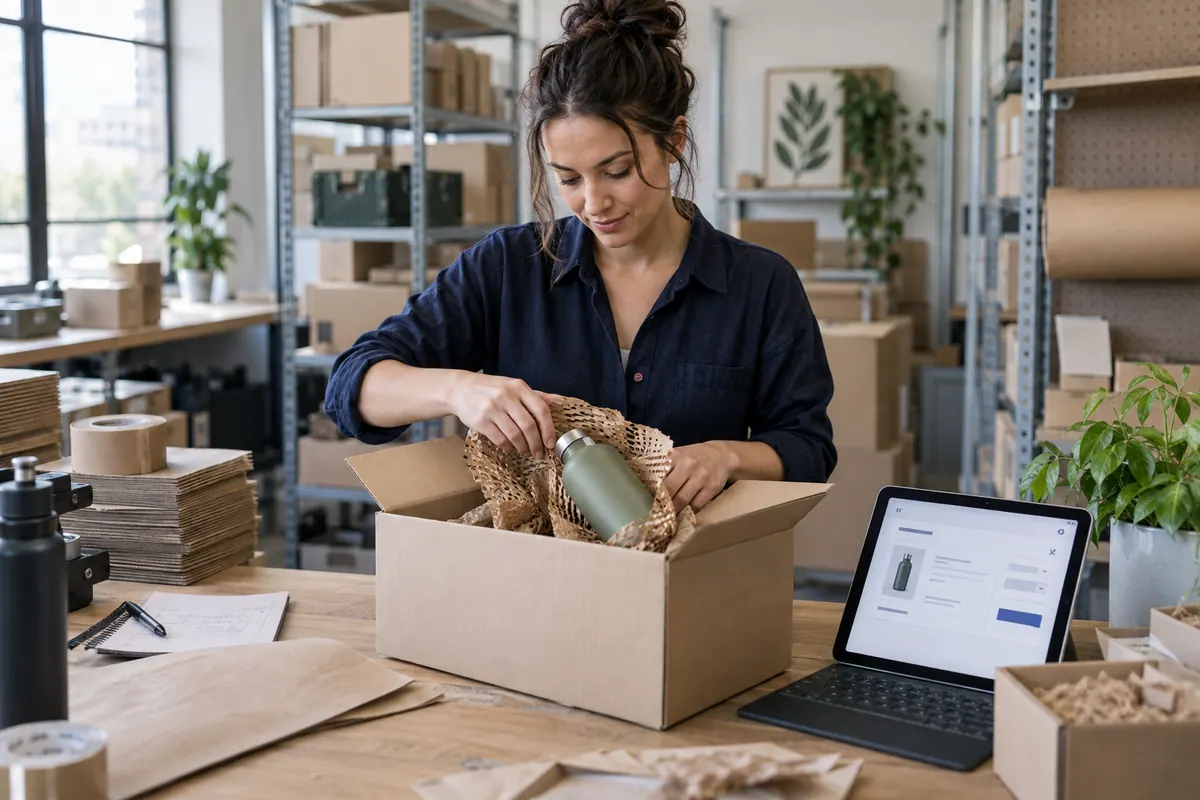 Preparing an online order with reusable packaging and paper cushioning
