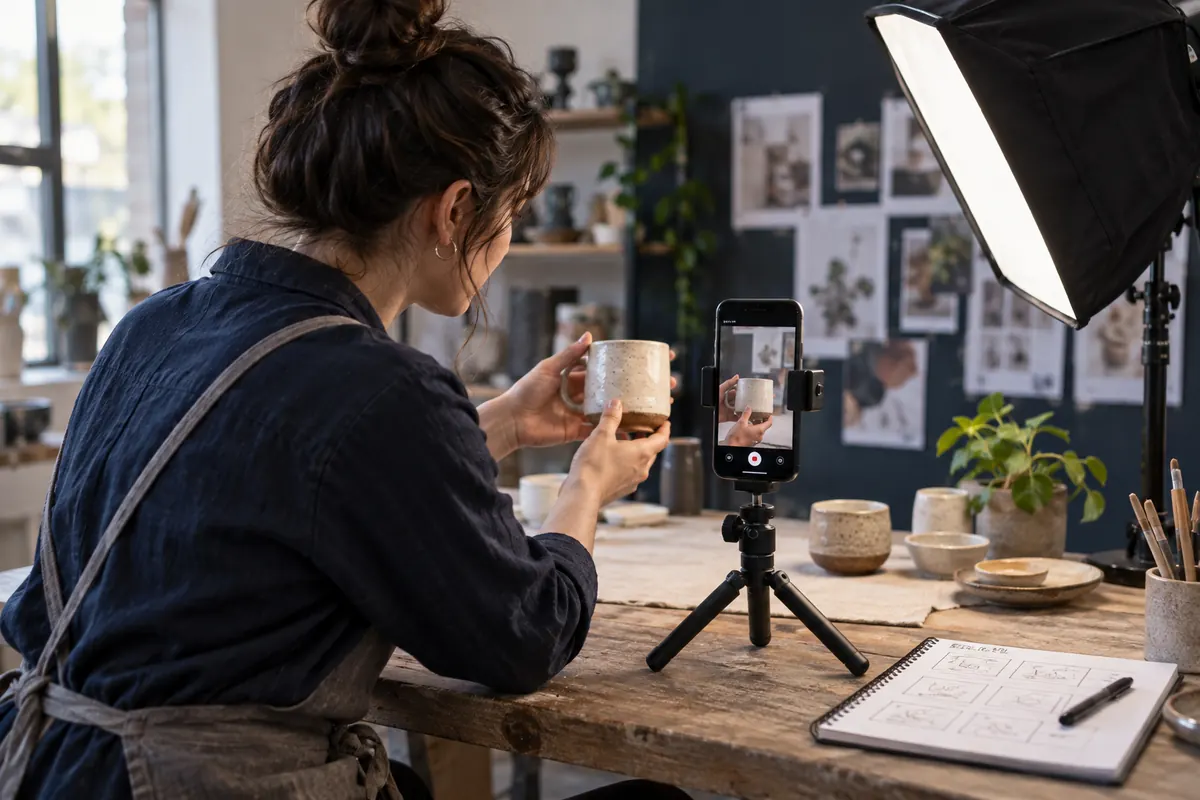 Tournage d’une vidéo promotionnelle verticale avec smartphone, trépied et storyboard