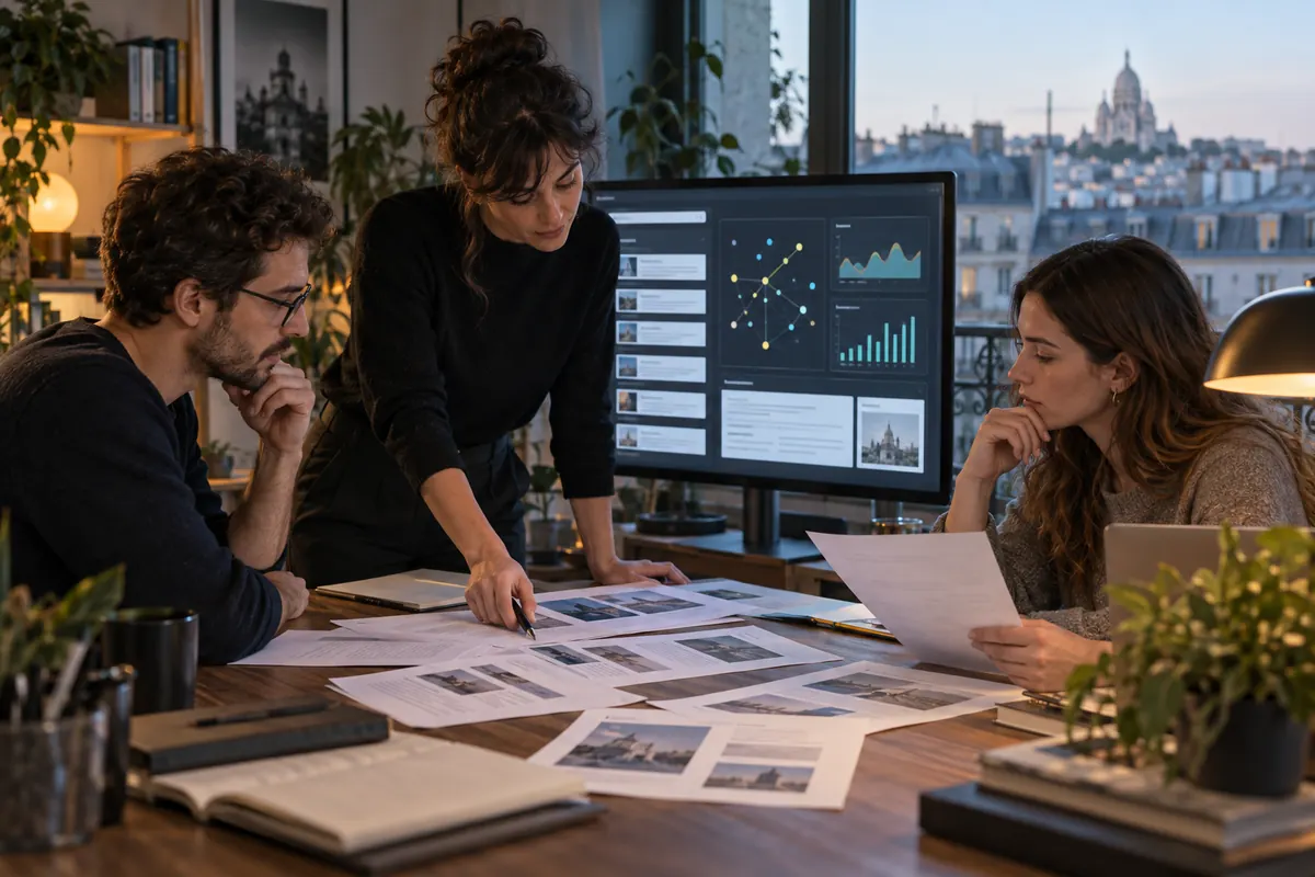 Équipe analysant les sources citées et les parcours de recherche assistée par IA