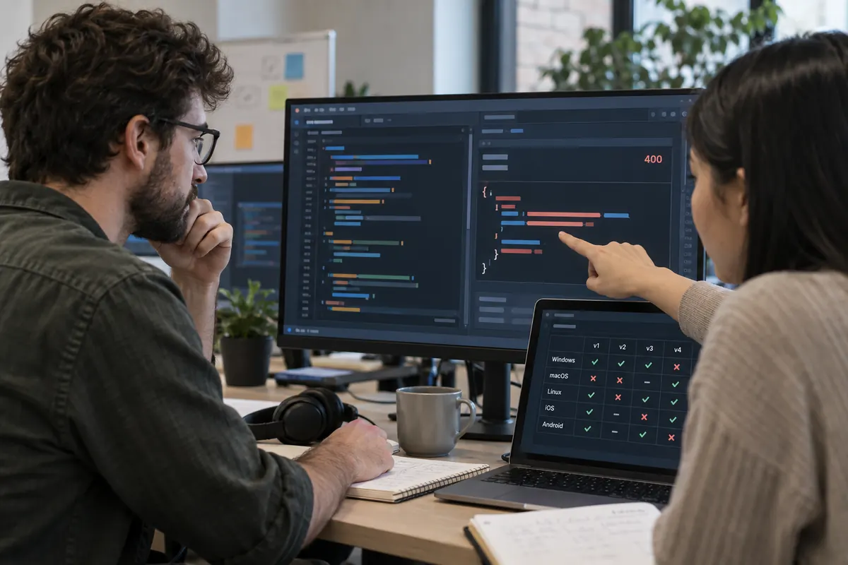Engineers checking API errors and compatibility
