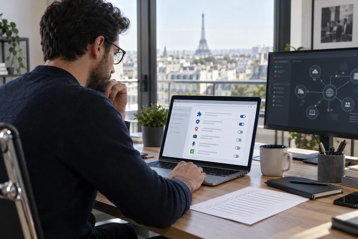 Analyste vérifiant les autorisations et les accès d’une extension de navigateur
