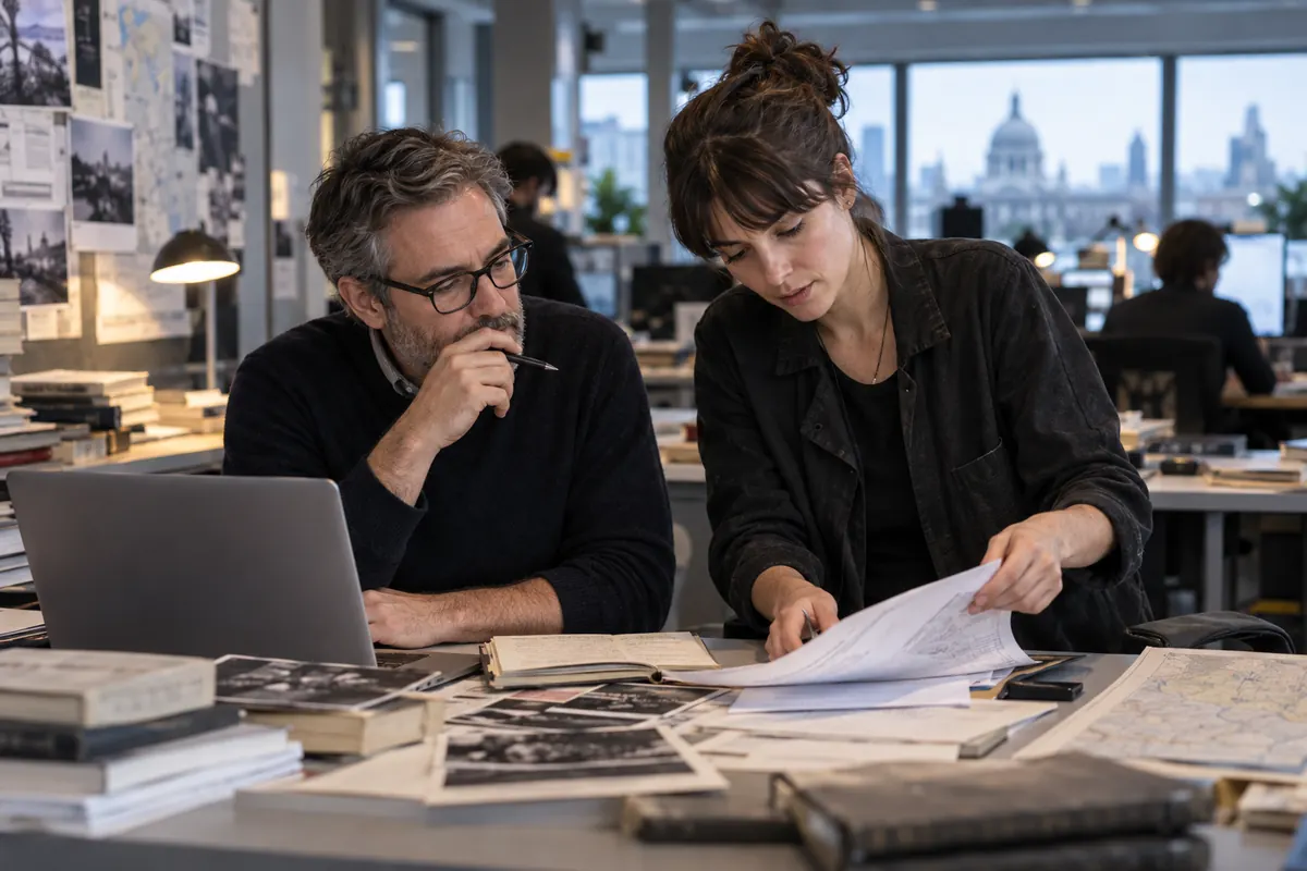 Editor reviewing dated source documents
