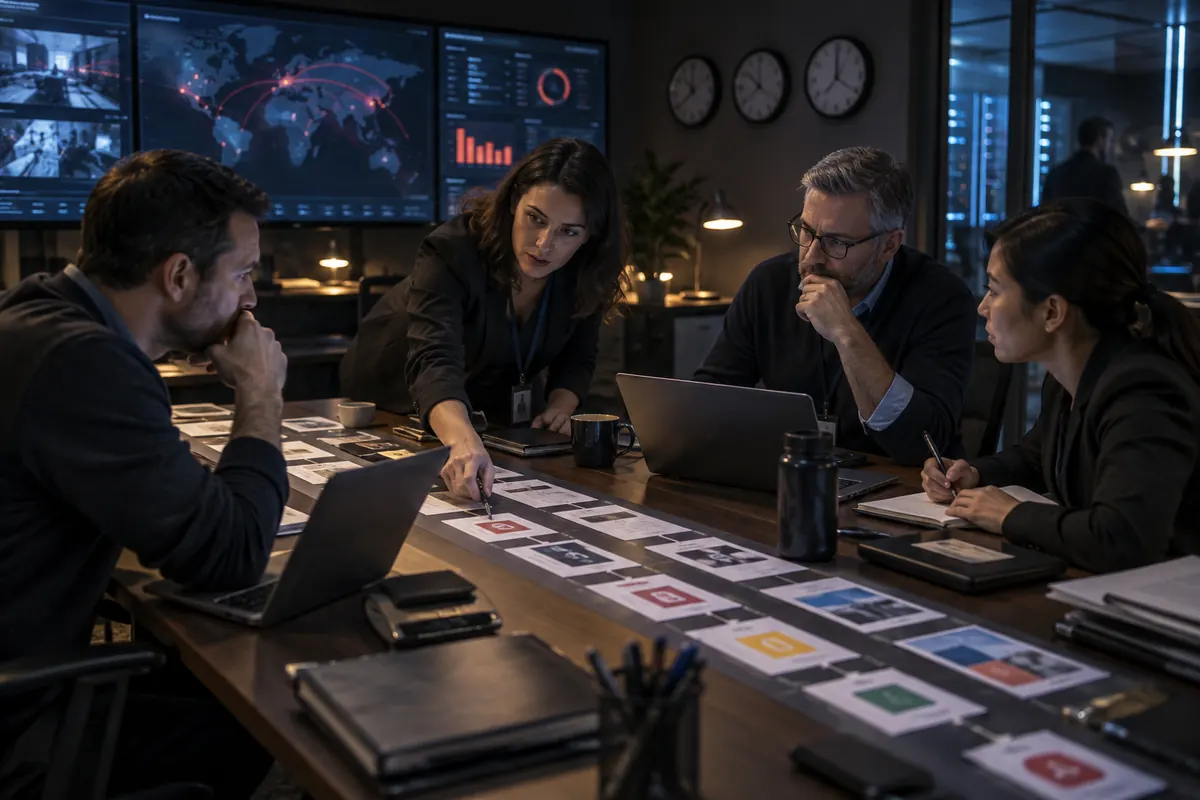 Équipe menant un exercice de crise cyber autour d’une chronologie de décisions