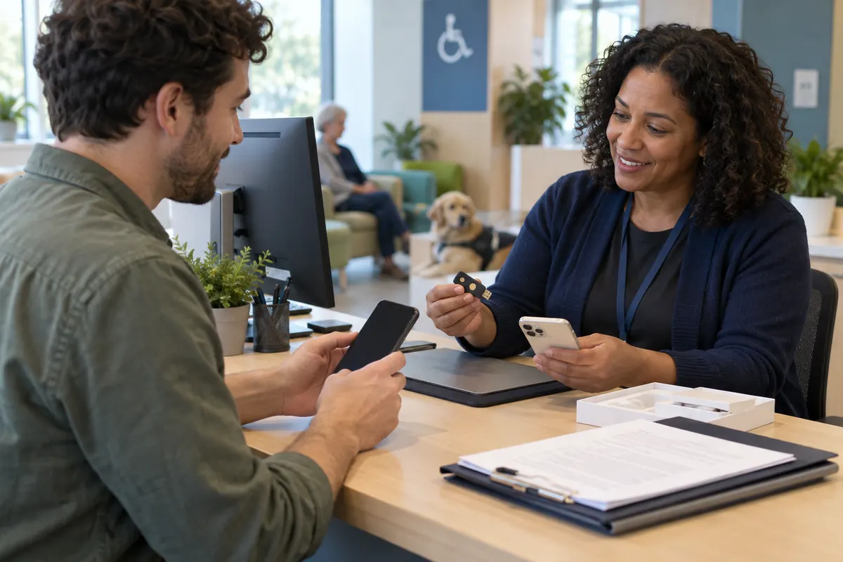 Employee and identity specialist rehearsing secure account recovery after a lost device