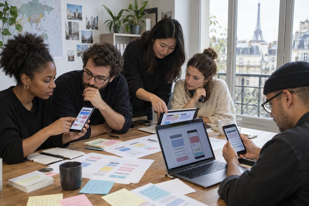 Équipe testant des parcours multilingues sur mobile