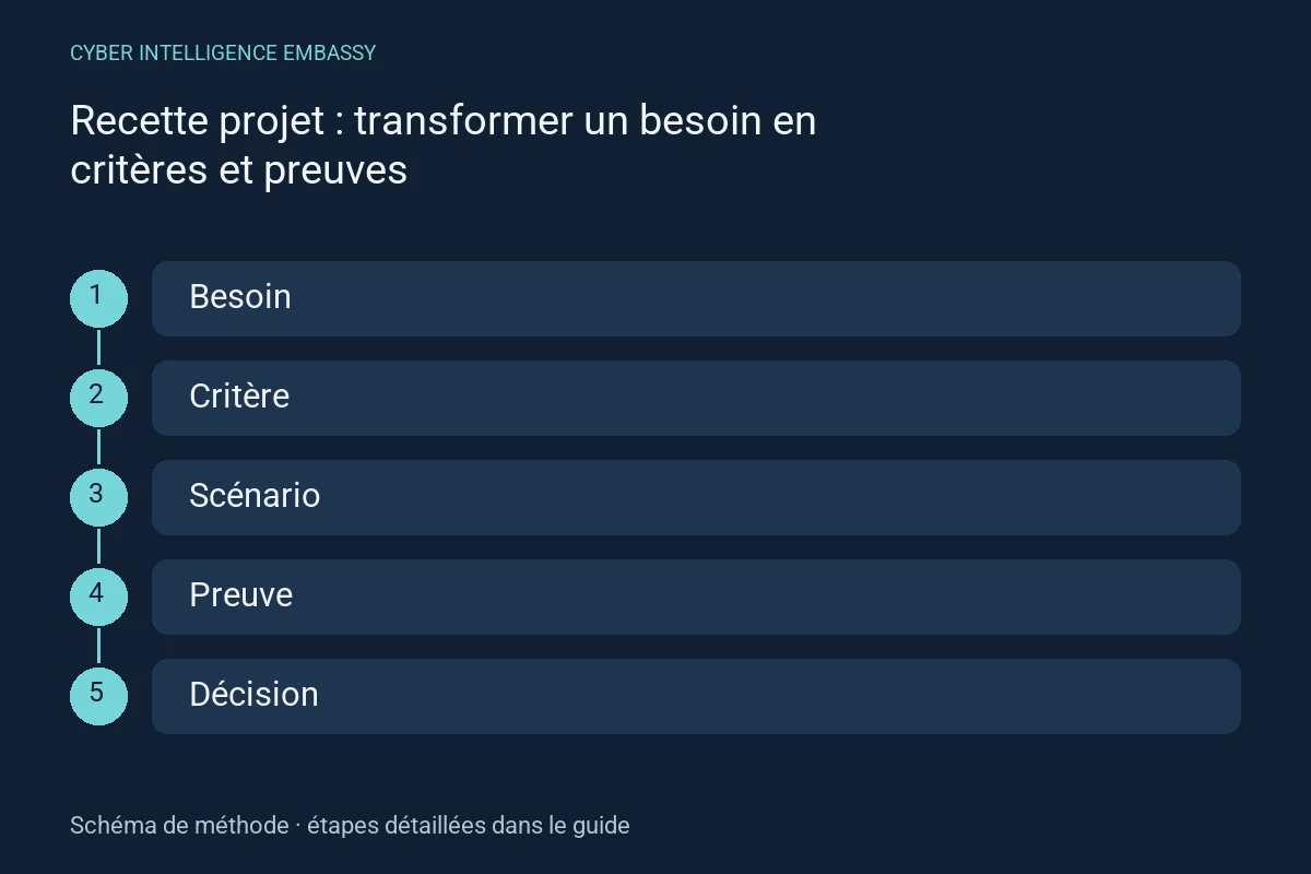 Schéma de méthode : Besoin → Critère → Scénario → Preuve → Décision