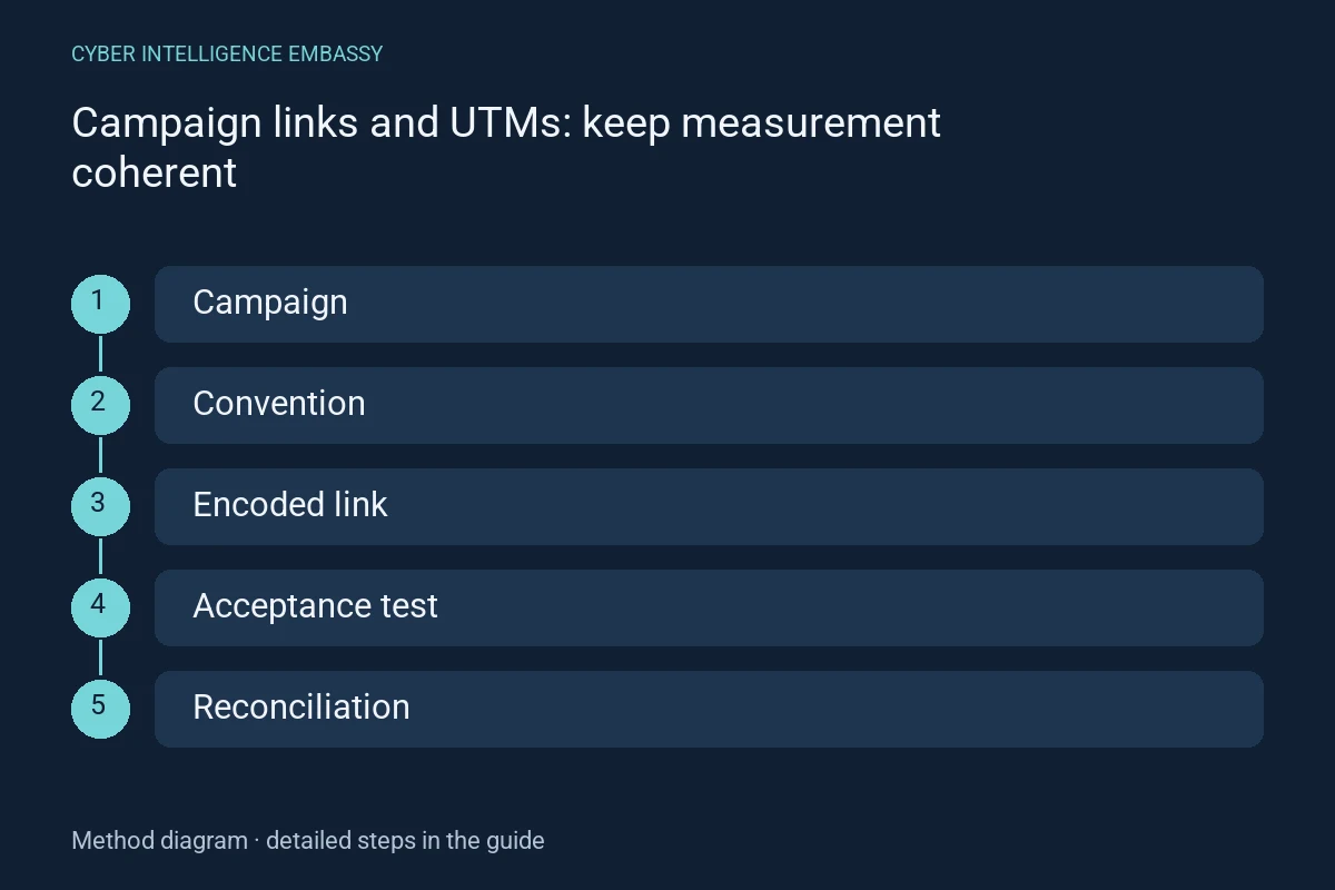 Method diagram: Campaign → Convention → Encoded link → Acceptance test → Reconciliation