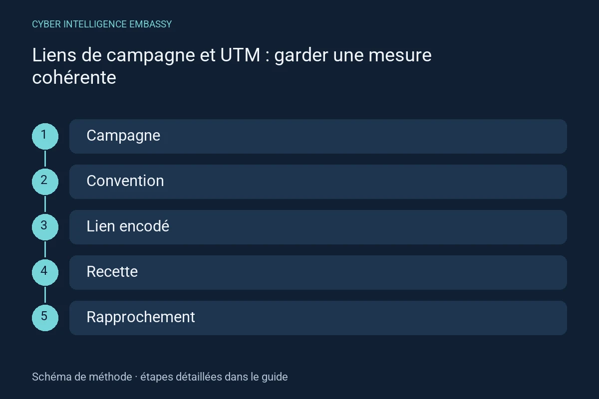 Schéma de méthode : Campagne → Convention → Lien encodé → Recette → Rapprochement