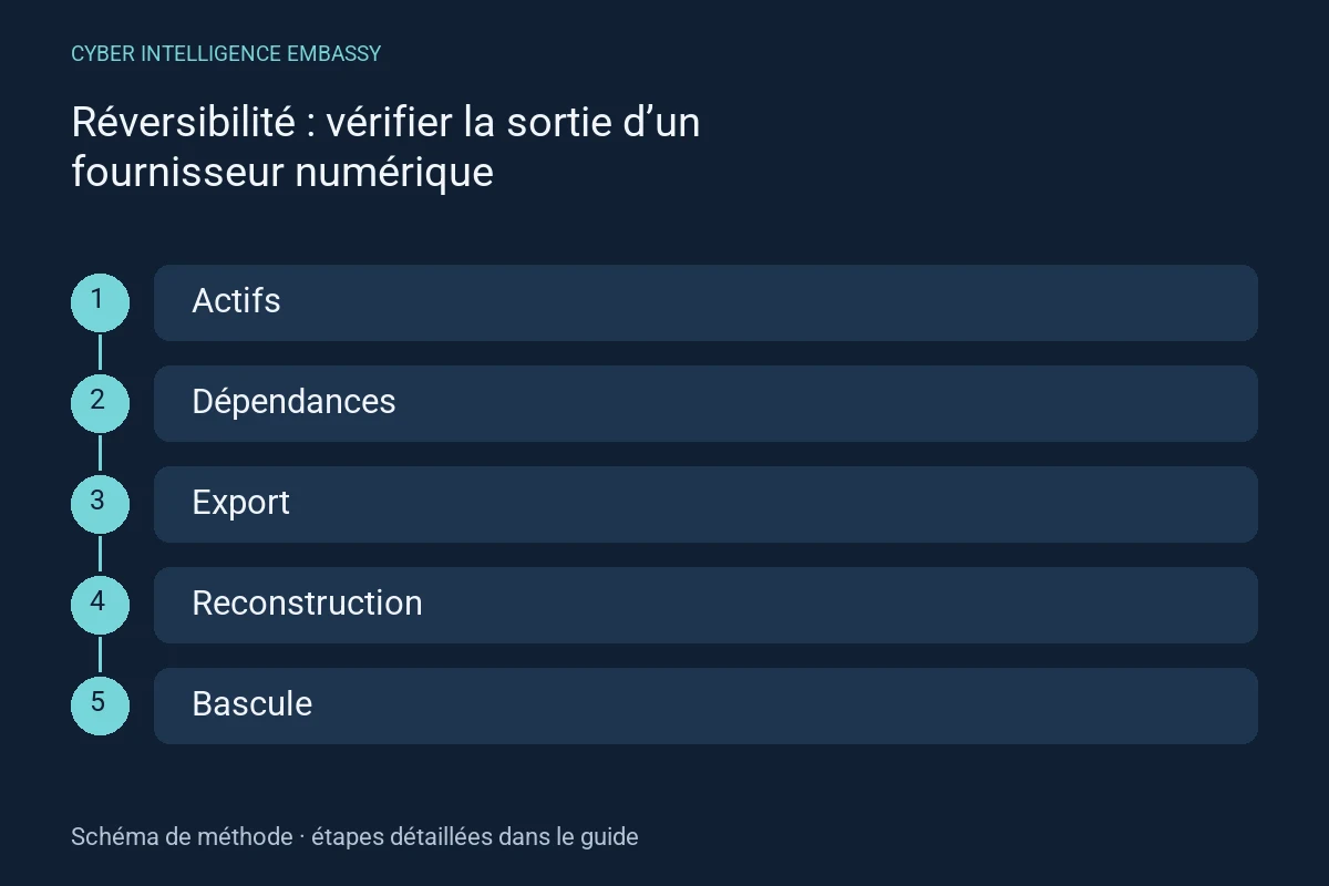 Schéma de méthode : Actifs → Dépendances → Export → Reconstruction → Bascule
