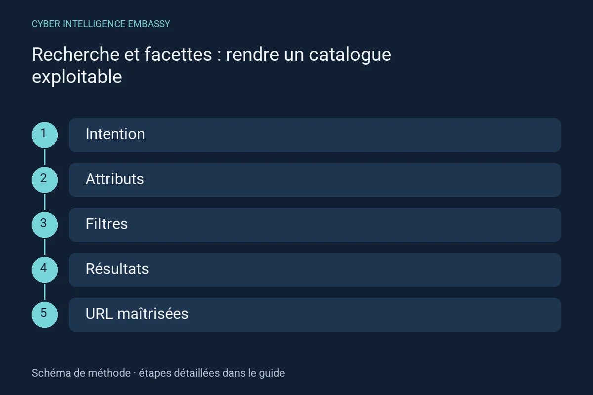 Schéma de méthode : Intention → Attributs → Filtres → Résultats → URL maîtrisées