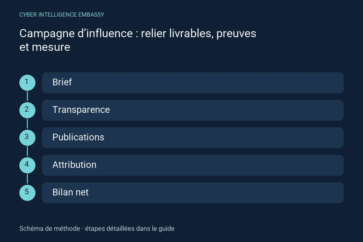 Schéma de méthode : Brief → Transparence → Publications → Attribution → Bilan net
