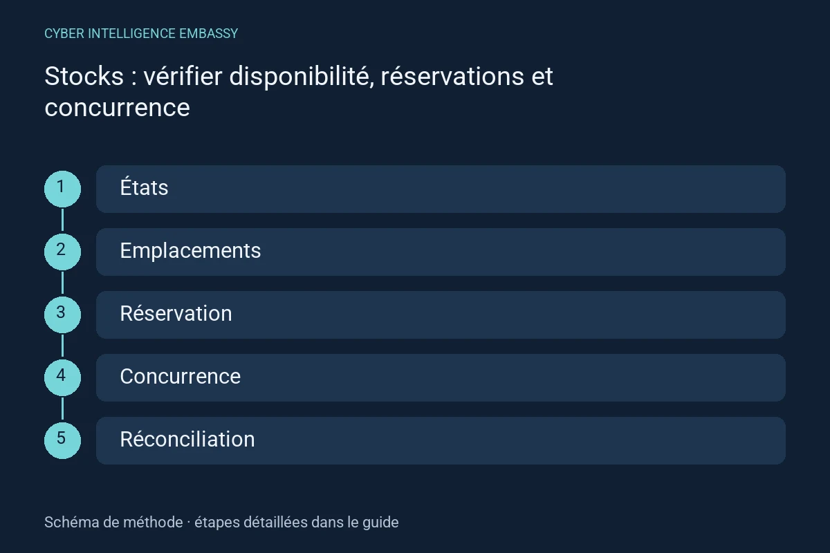 Schéma de méthode : États → Emplacements → Réservation → Concurrence → Réconciliation