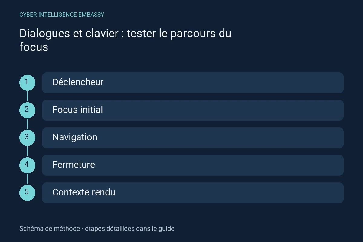 Schéma de méthode : Déclencheur → Focus initial → Navigation → Fermeture → Contexte rendu