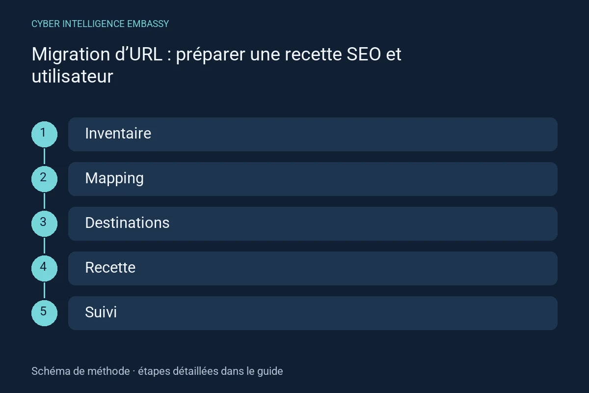 Schéma de méthode : Inventaire → Mapping → Destinations → Recette → Suivi