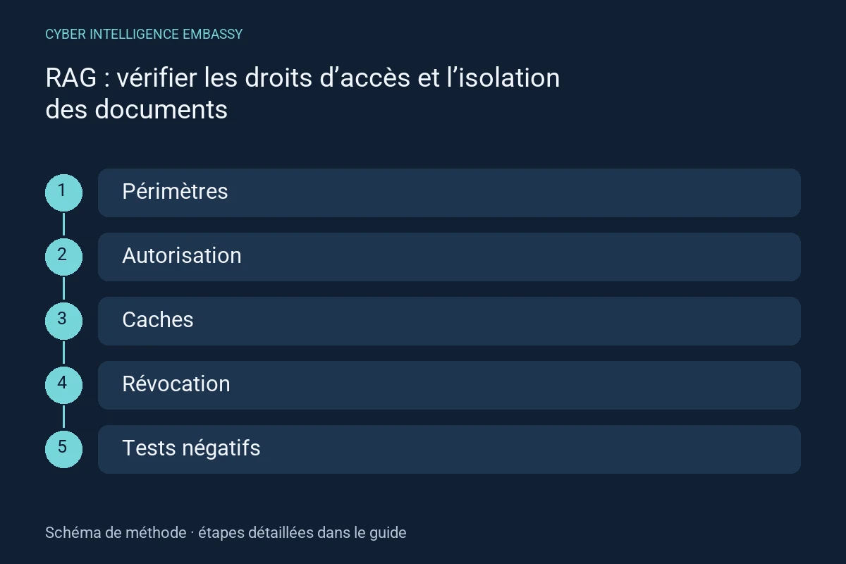 Schéma de méthode : Périmètres → Autorisation → Caches → Révocation → Tests négatifs