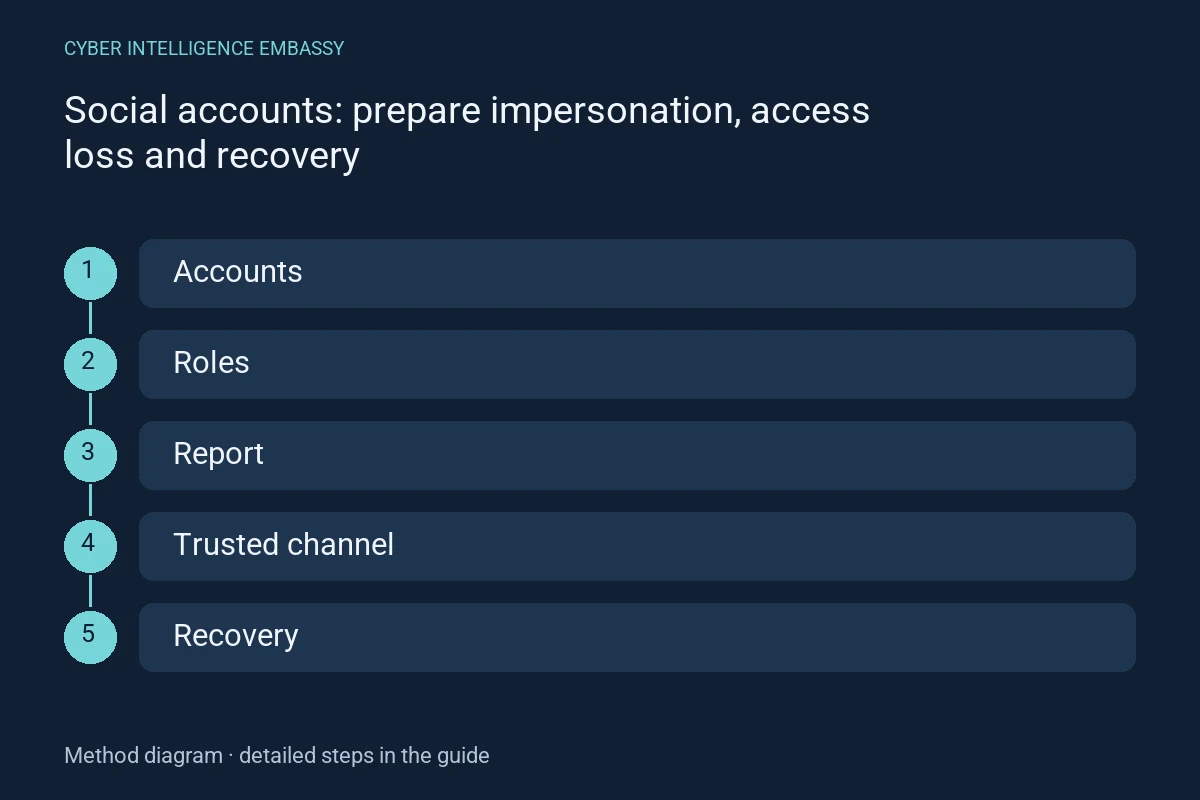 Method diagram: Accounts → Roles → Report → Trusted channel → Recovery