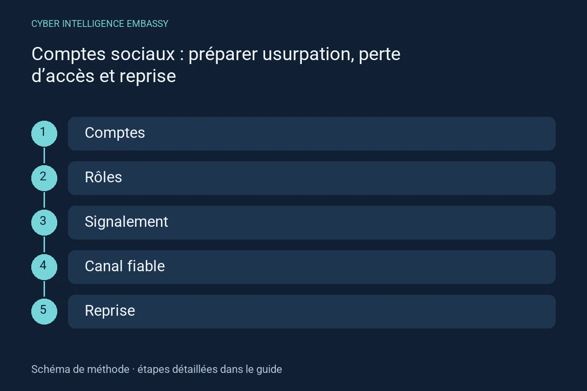 Schéma de méthode : Comptes → Rôles → Signalement → Canal fiable → Reprise