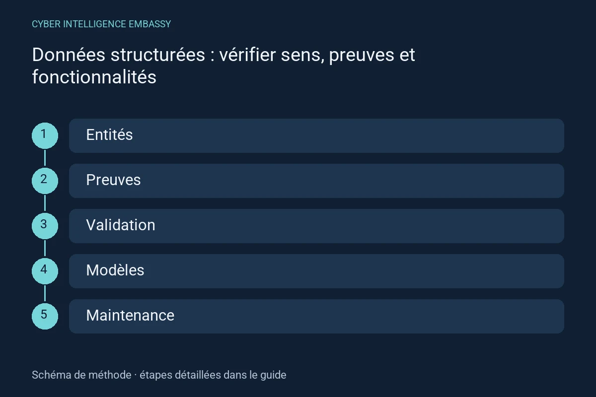 Schéma de méthode : Entités → Preuves → Validation → Modèles → Maintenance