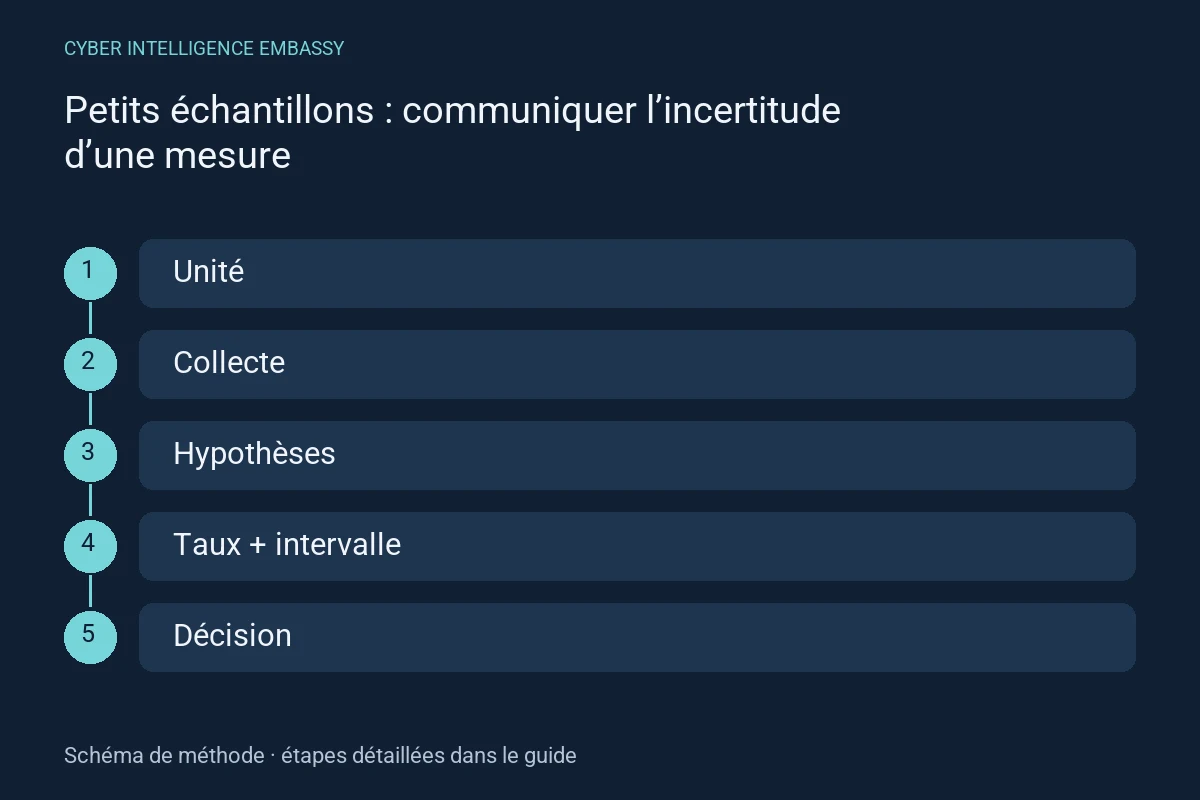 Schéma de méthode : Unité → Collecte → Hypothèses → Taux + intervalle → Décision