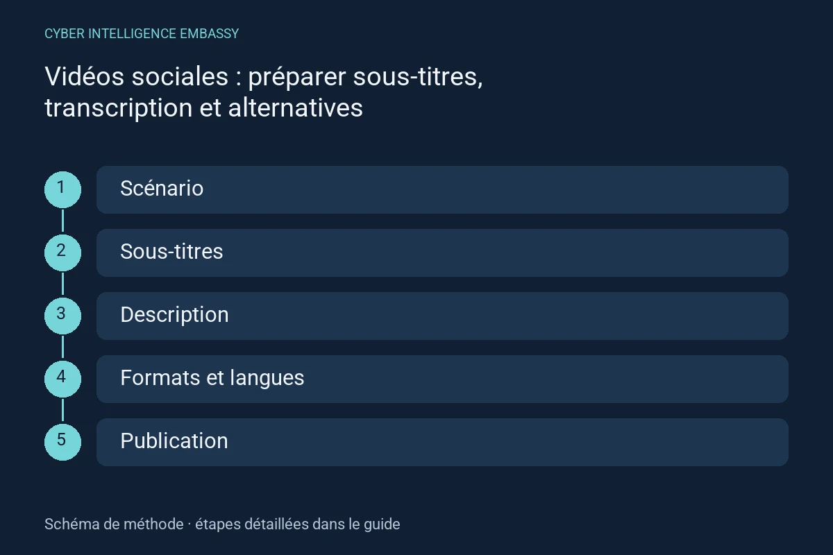 Schéma de méthode : Scénario → Sous-titres → Description → Formats et langues → Publication