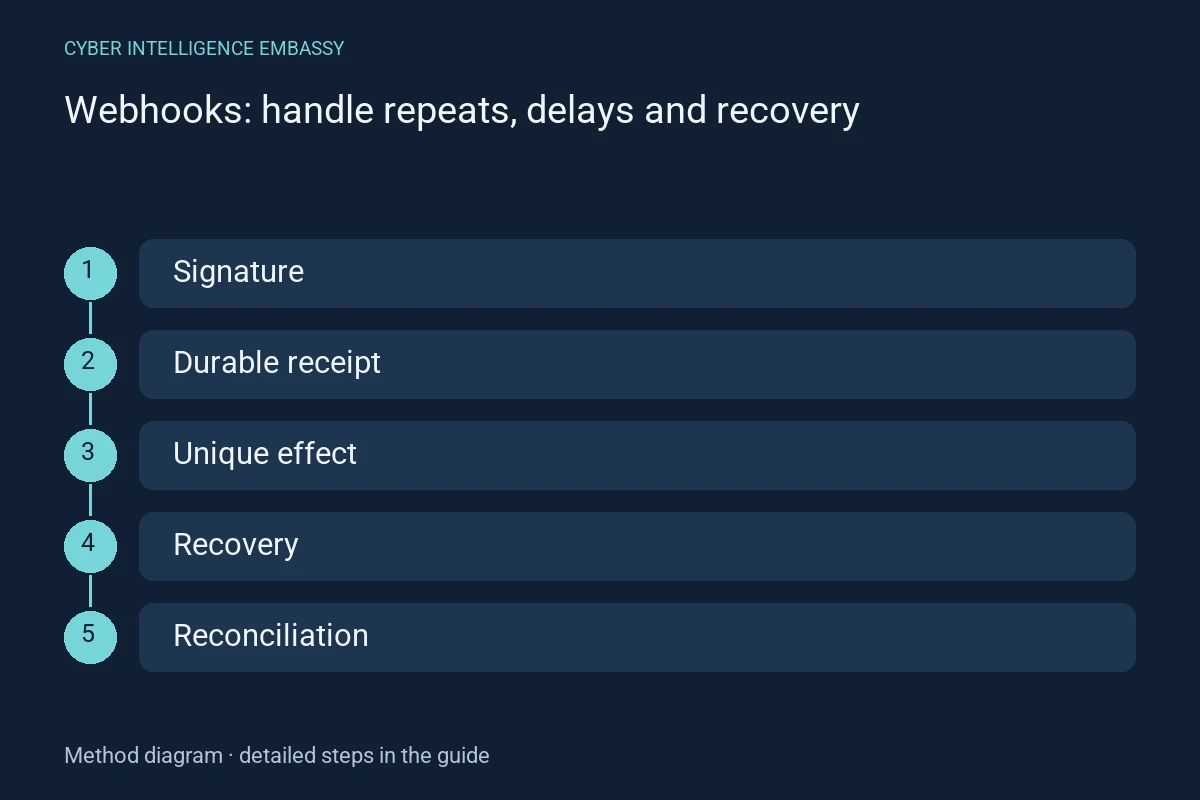 Method diagram: Signature → Durable receipt → Unique effect → Recovery → Reconciliation