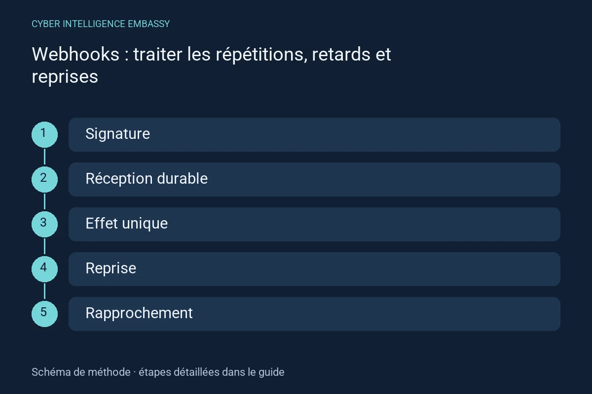 Schéma de méthode : Signature → Réception durable → Effet unique → Reprise → Rapprochement