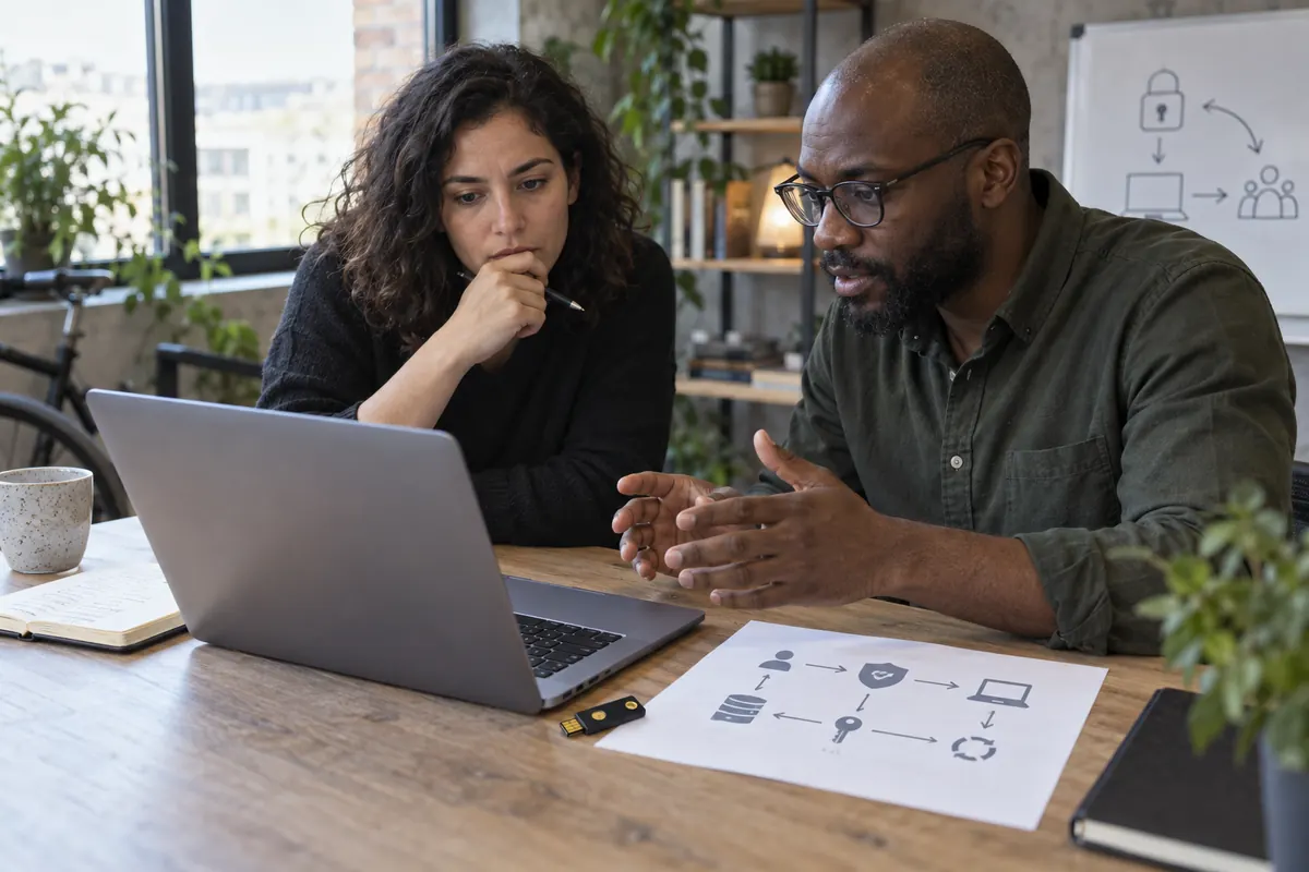 Colleagues reviewing phishing-resistant sign-in and account recovery