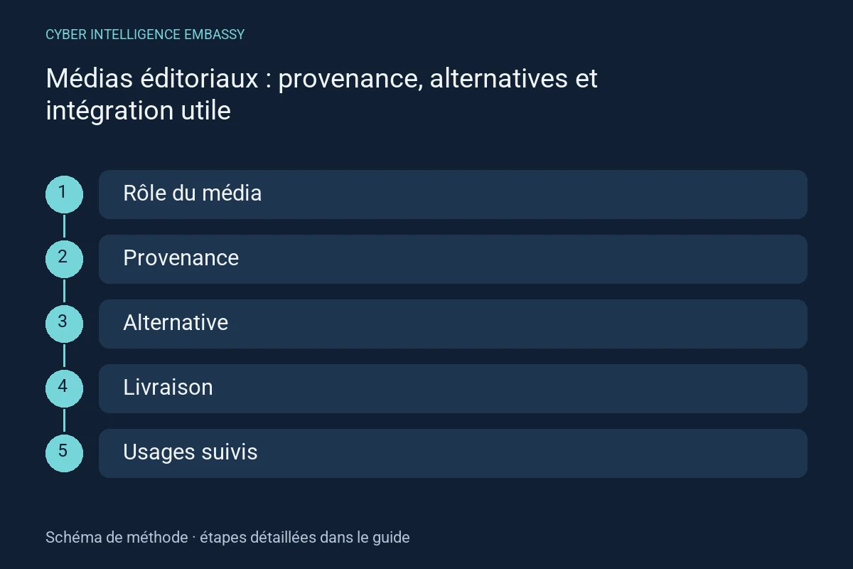 Schéma de méthode : Rôle du média → Provenance → Alternative → Livraison → Usages suivis
