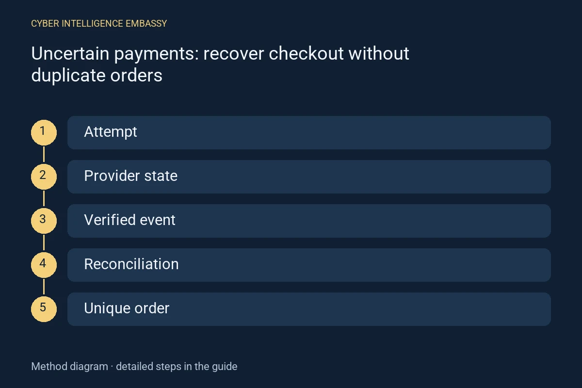 Method diagram: Attempt → Provider state → Verified event → Reconciliation → Unique order