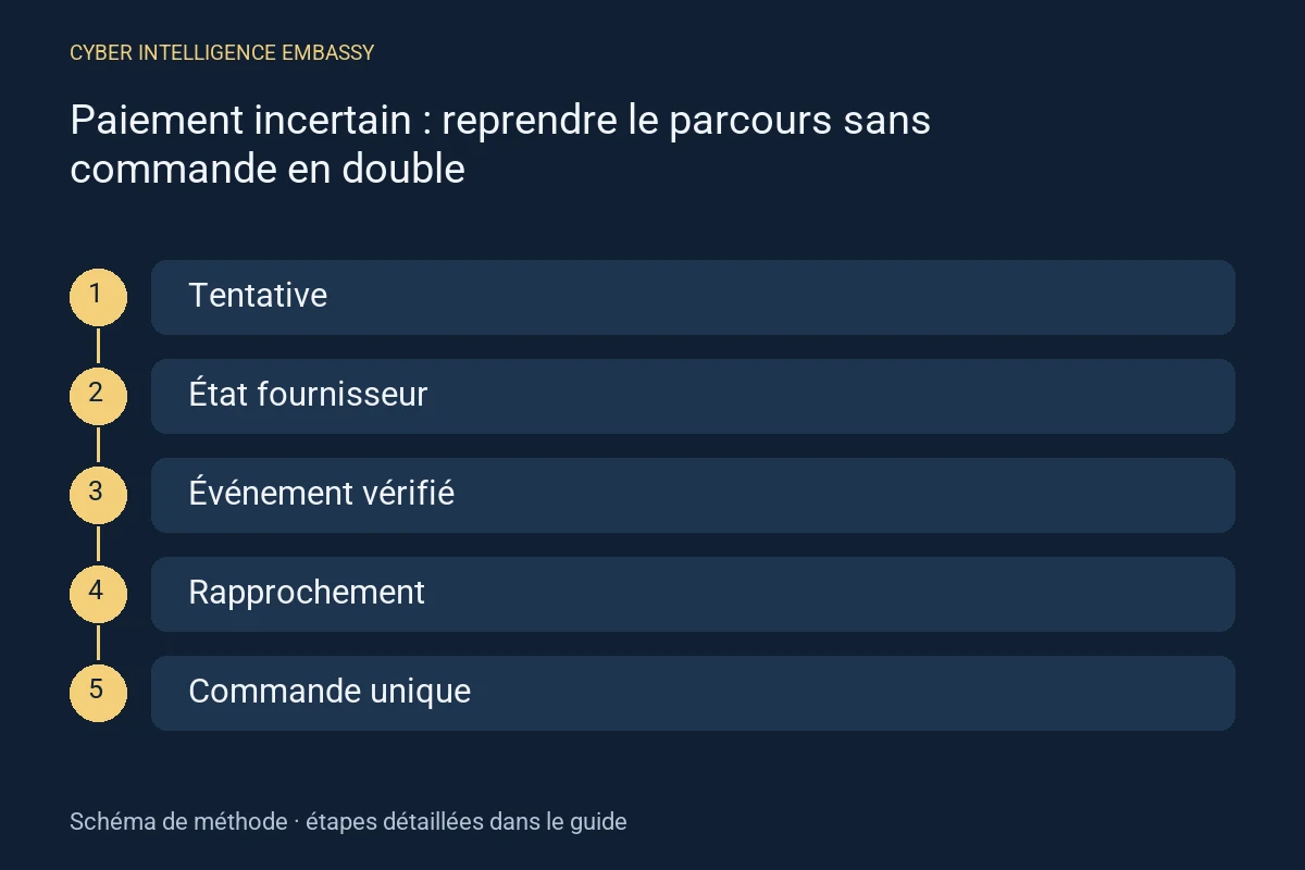 Schéma de méthode : Tentative → État fournisseur → Événement vérifié → Rapprochement → Commande unique