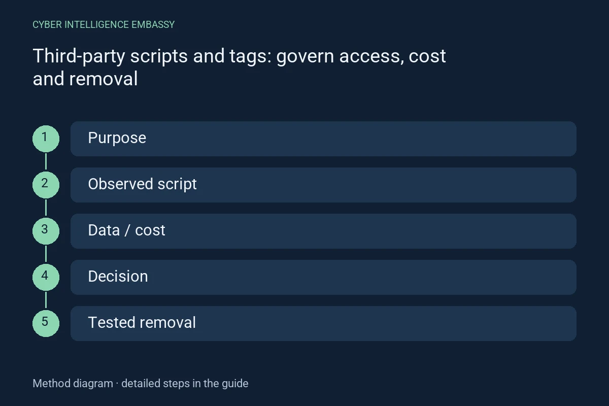 Method diagram: Purpose → Observed script → Data / cost → Decision → Tested removal