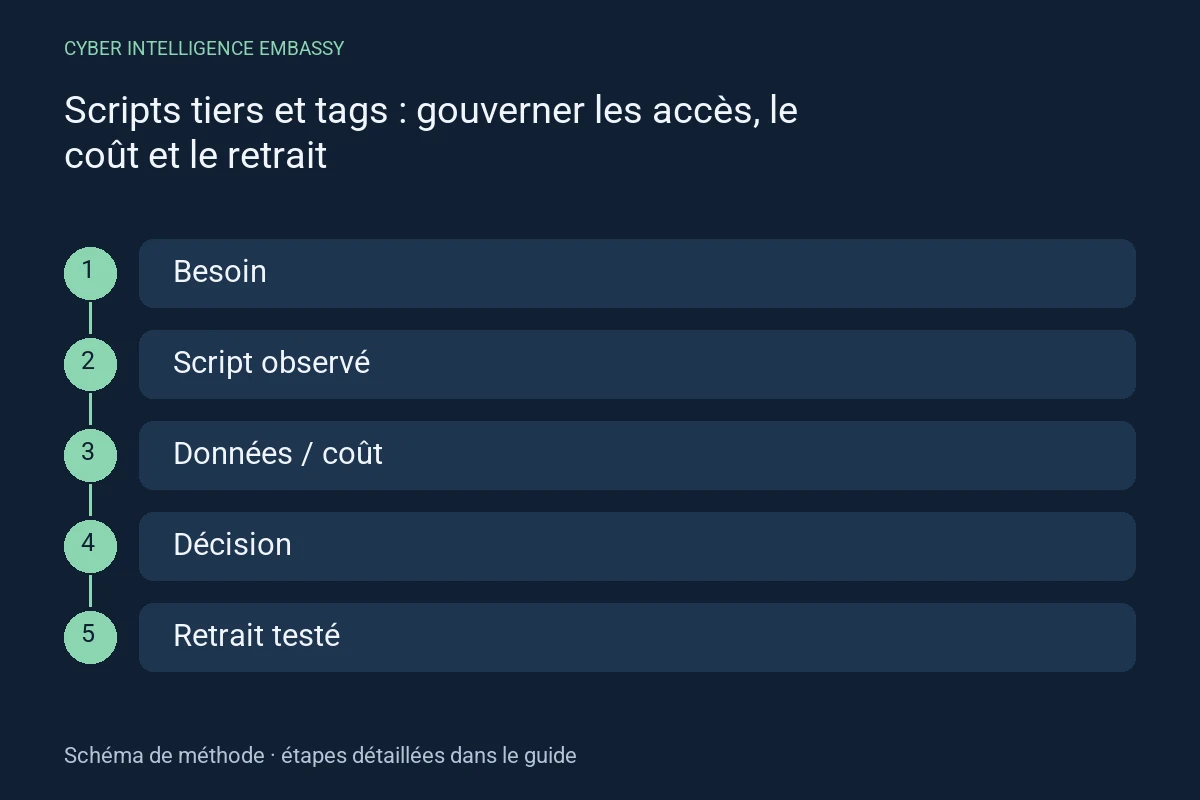 Schéma de méthode : Besoin → Script observé → Données / coût → Décision → Retrait testé