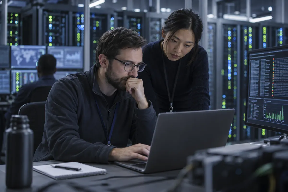 Engineers reviewing security event records