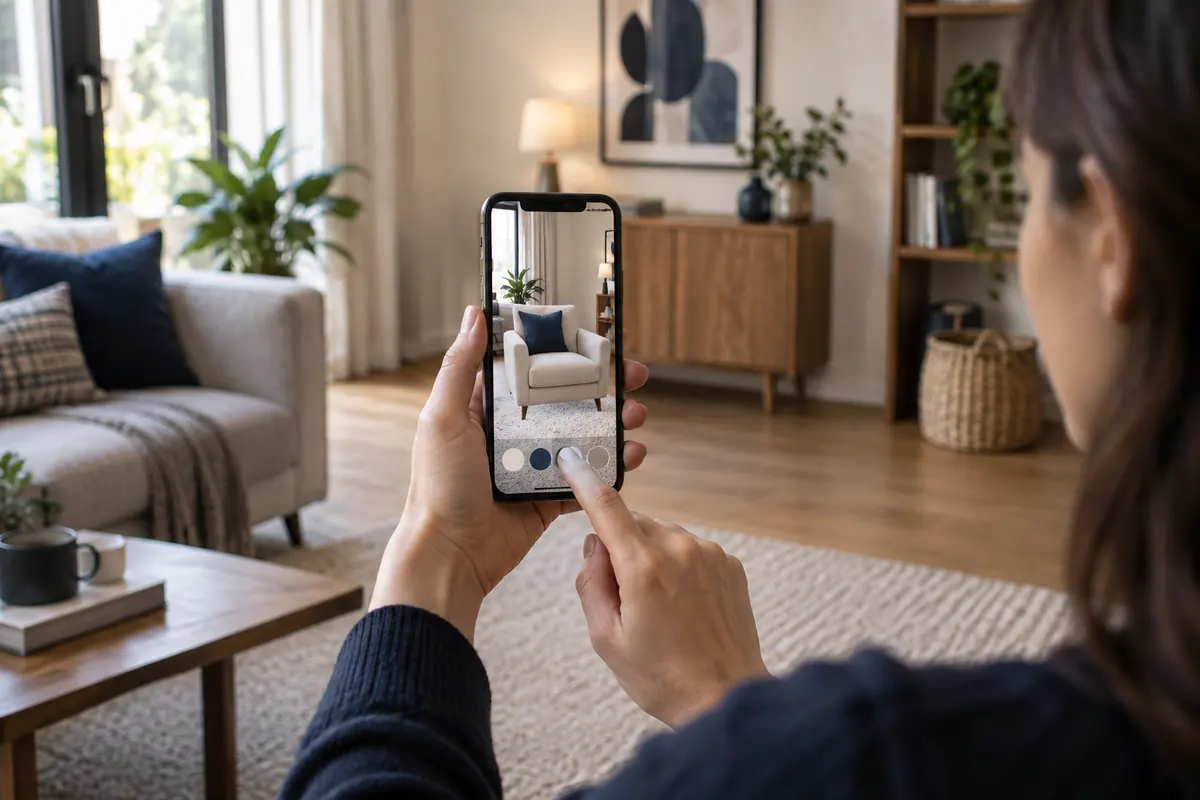 Prévisualisation d’un fauteuil en réalité augmentée sur smartphone dans un salon