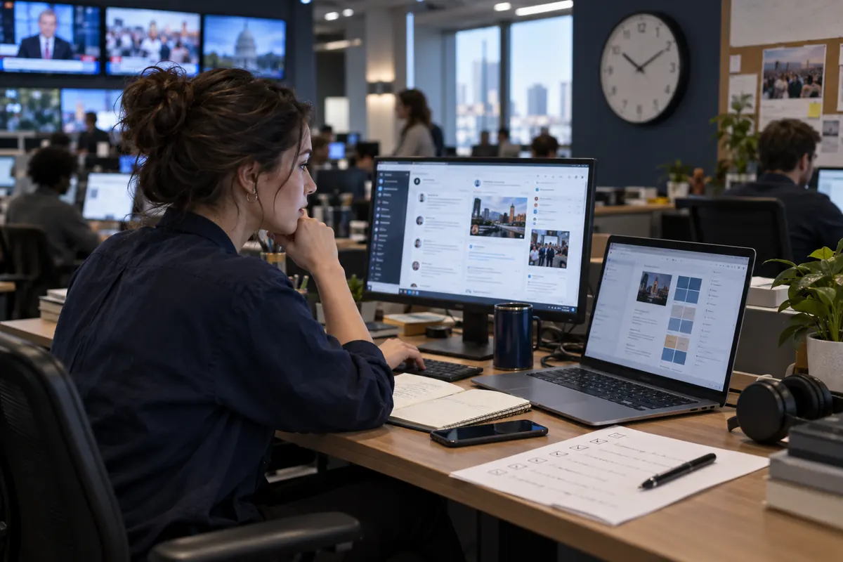 Editor coordinating a timely campaign draft with a news monitoring feed