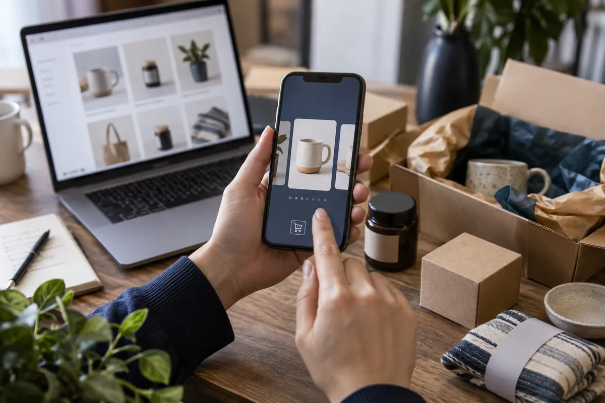 Social shopping catalogue on a smartphone beside products ready for dispatch