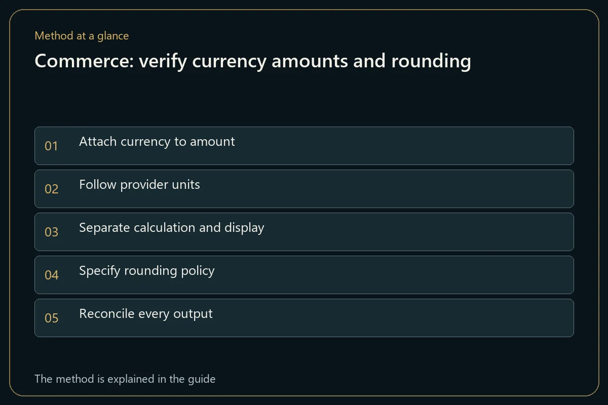 Commerce: verify currency amounts and rounding