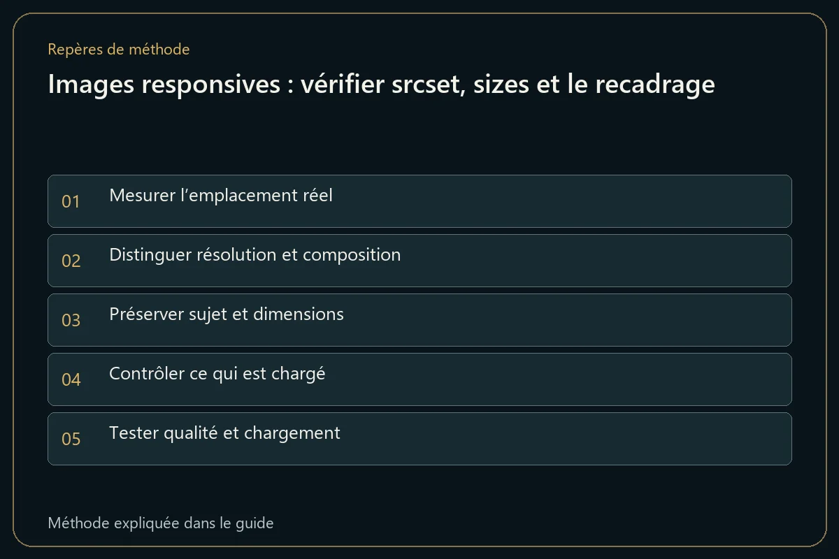 Images responsives : vérifier srcset, sizes et le recadrage