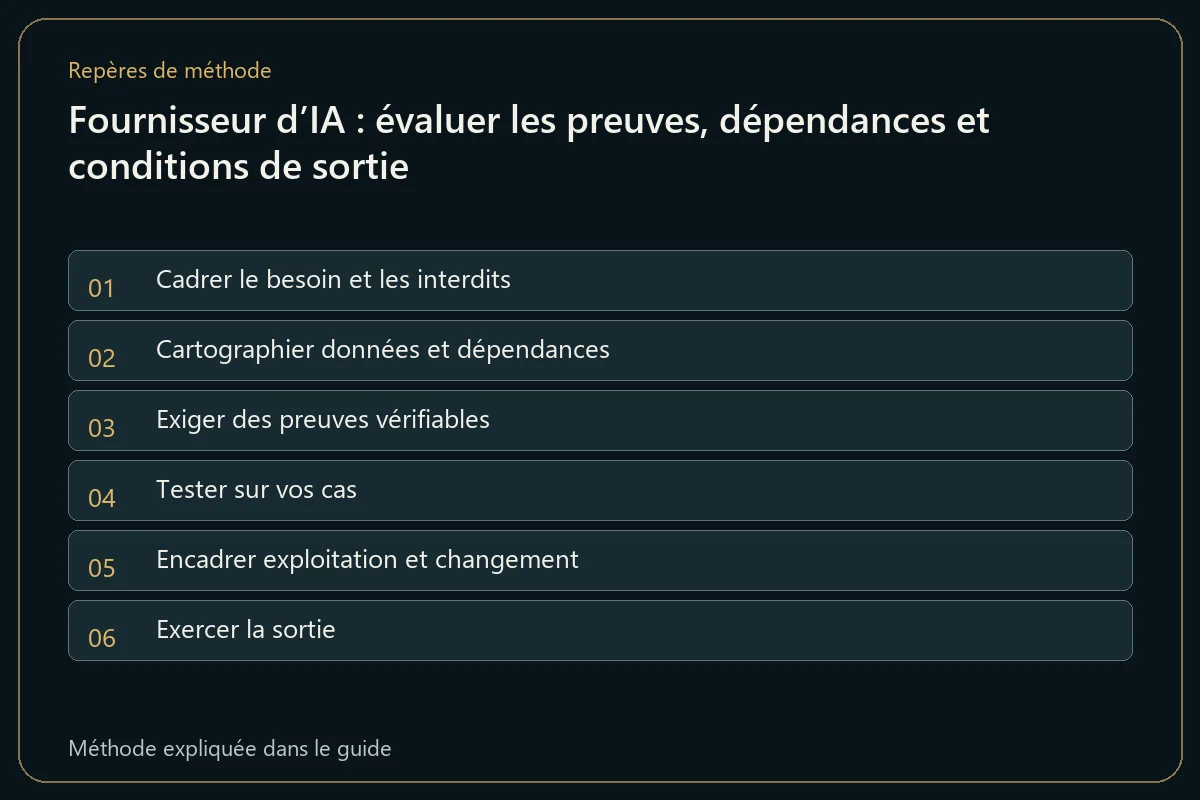 Fournisseur d’IA : évaluer les preuves, dépendances et conditions de sortie