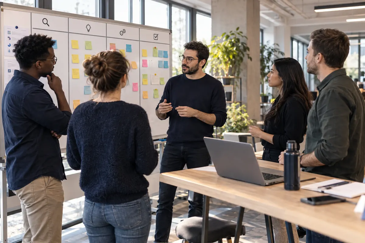 Réunion agile autour d’un tableau de tâches de développement web