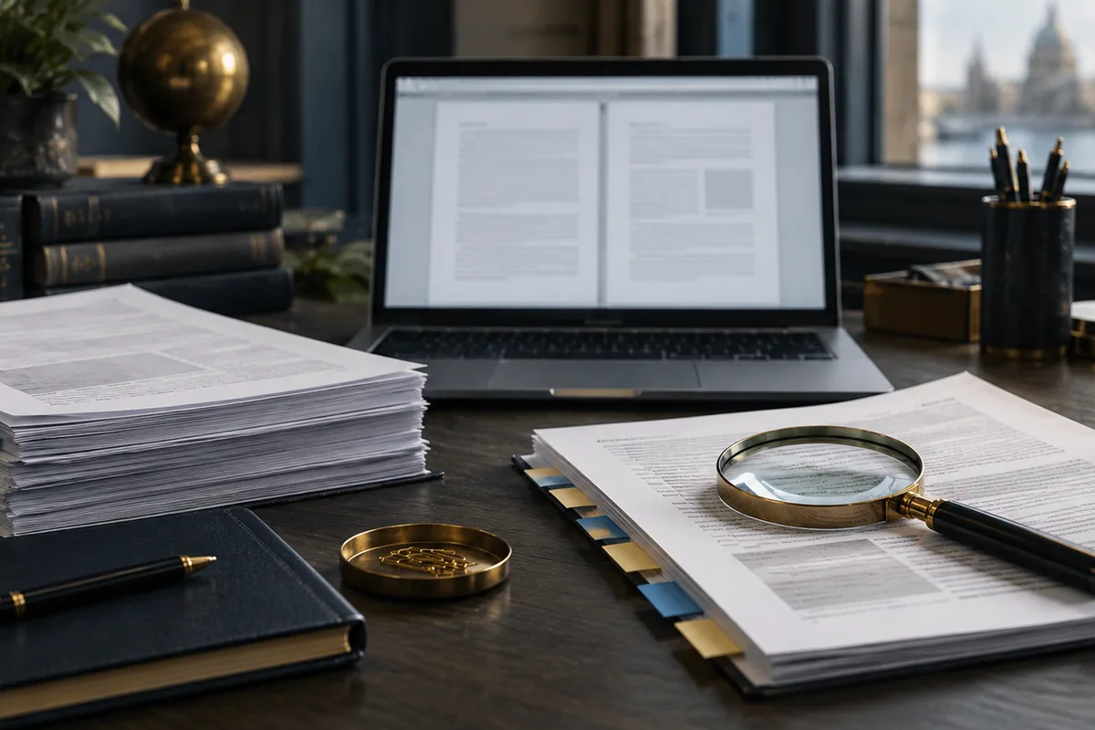 Tabbed document folders, magnifying glass and laptop displaying a document
