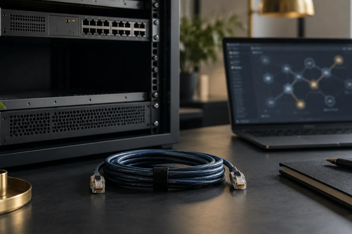 Rack de red con hueco vacío, cable enrollado y portátil
