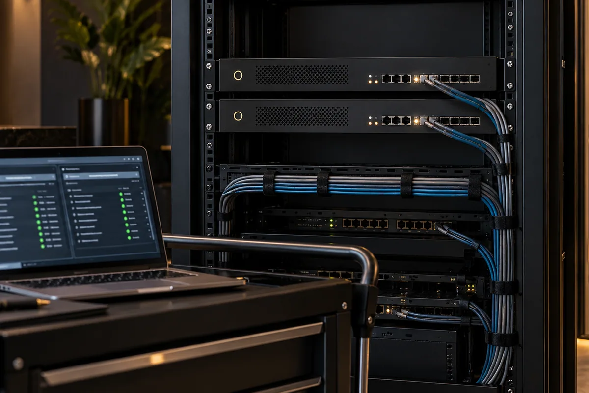 Dos equipos de red en un rack, cables ordenados y portátil en un carro